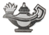 A silver, metallic icon of an oil lamp with a flickering flame, commonly used as a symbol for knowledge or learning.