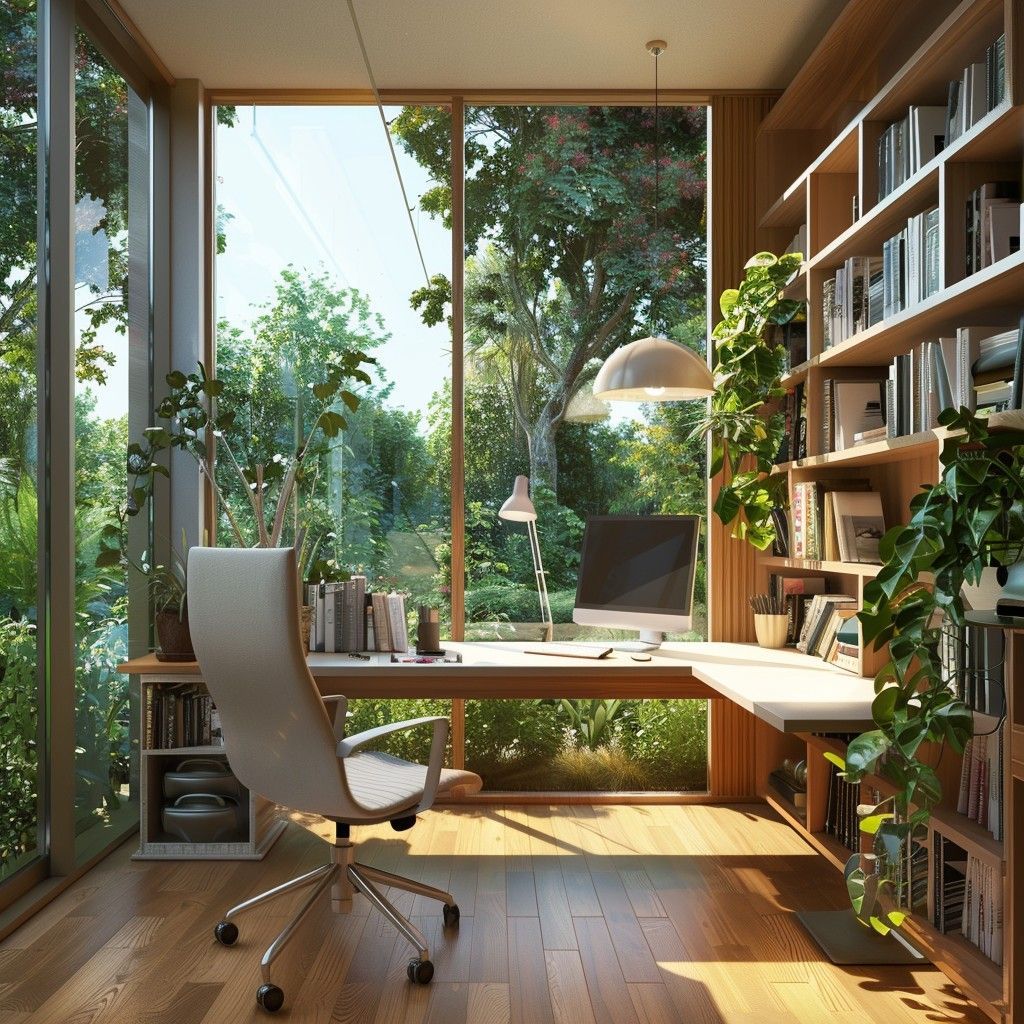 Een zonnig thuiskantoor met een moderne witte stoel, een houten bureau en grote ramen die uitkijken op een weelderige groene tuin.