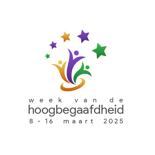 Logo voor de Week van de Hoogbegaafdheid, 8-16 maart 2025, met abstracte figuren en sterren in tinten geel, paars en groen.