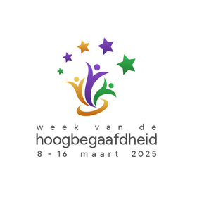 Logo voor de Week van de Hoogbegaafdheid, 8-16 maart 2025, met abstracte figuren en sterren in tinten geel, paars en groen.