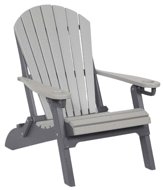 A grey and white adirondack chair on a white background