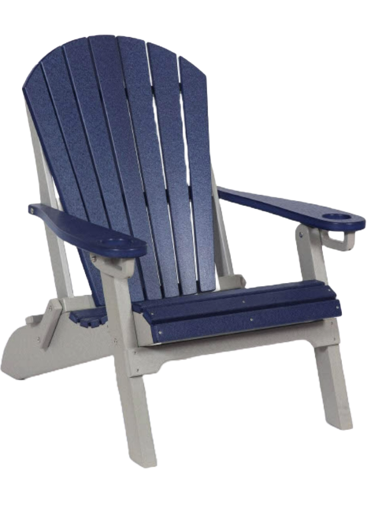 A blue and white adirondack chair on a white background.