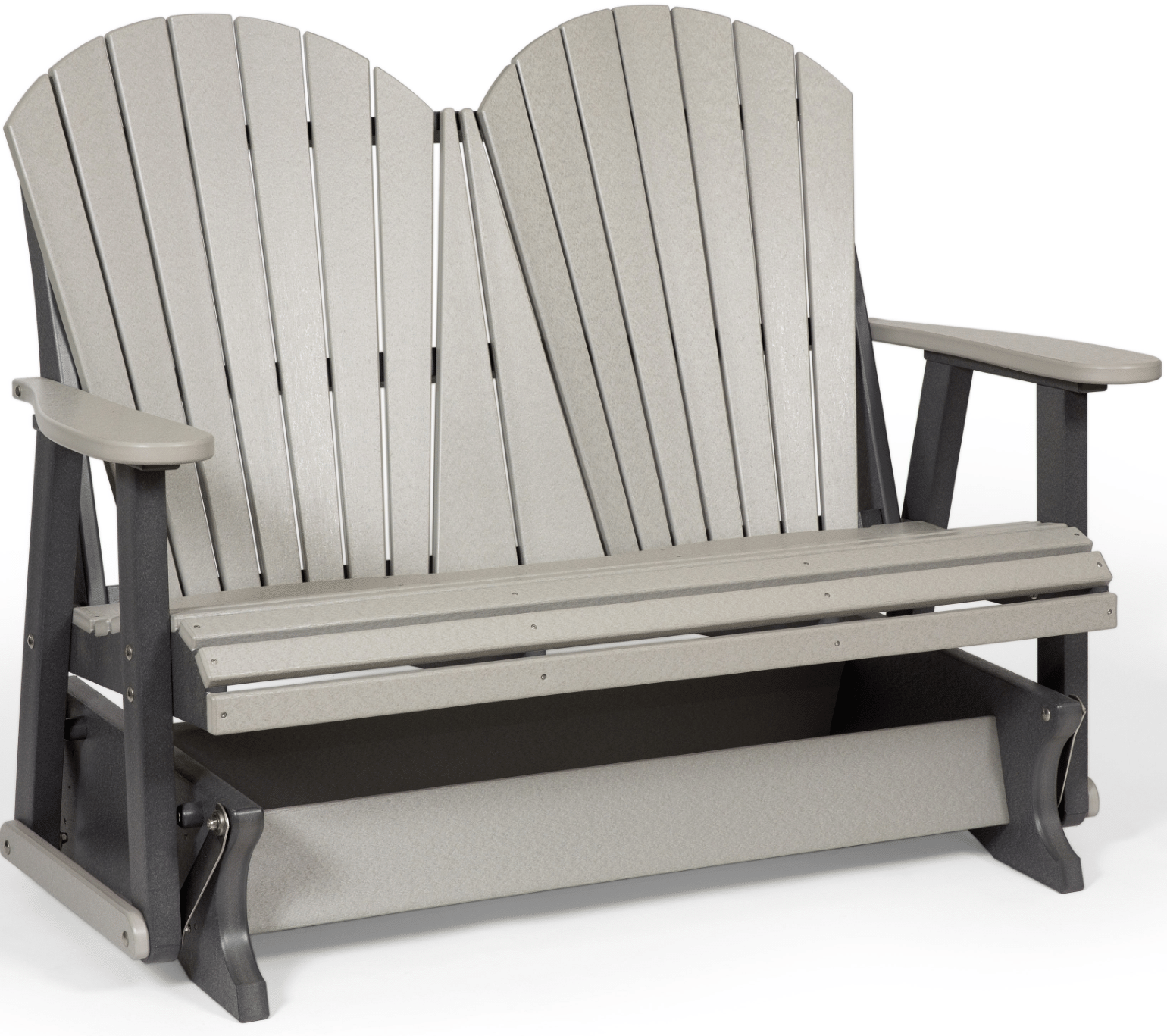 A grey and white adirondack chair on a white background