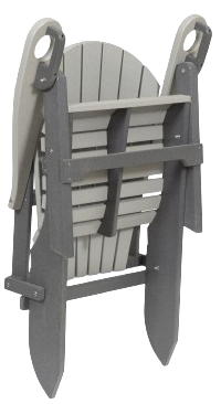 A gray folding chair with a black frame on a white background