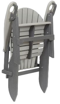 A gray folding chair with a black frame on a white background