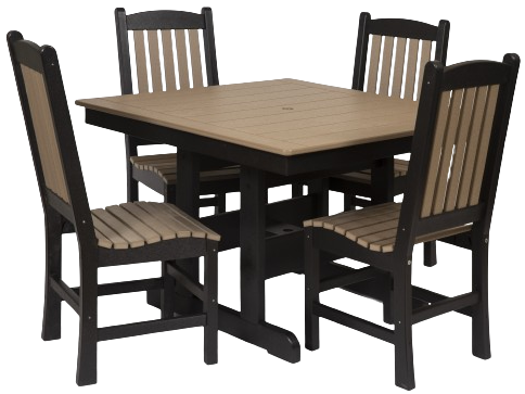 A wooden table and chairs set on a white background