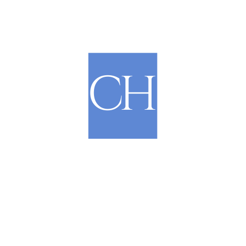 Blue square logo with white letters “CH” centered on a white background