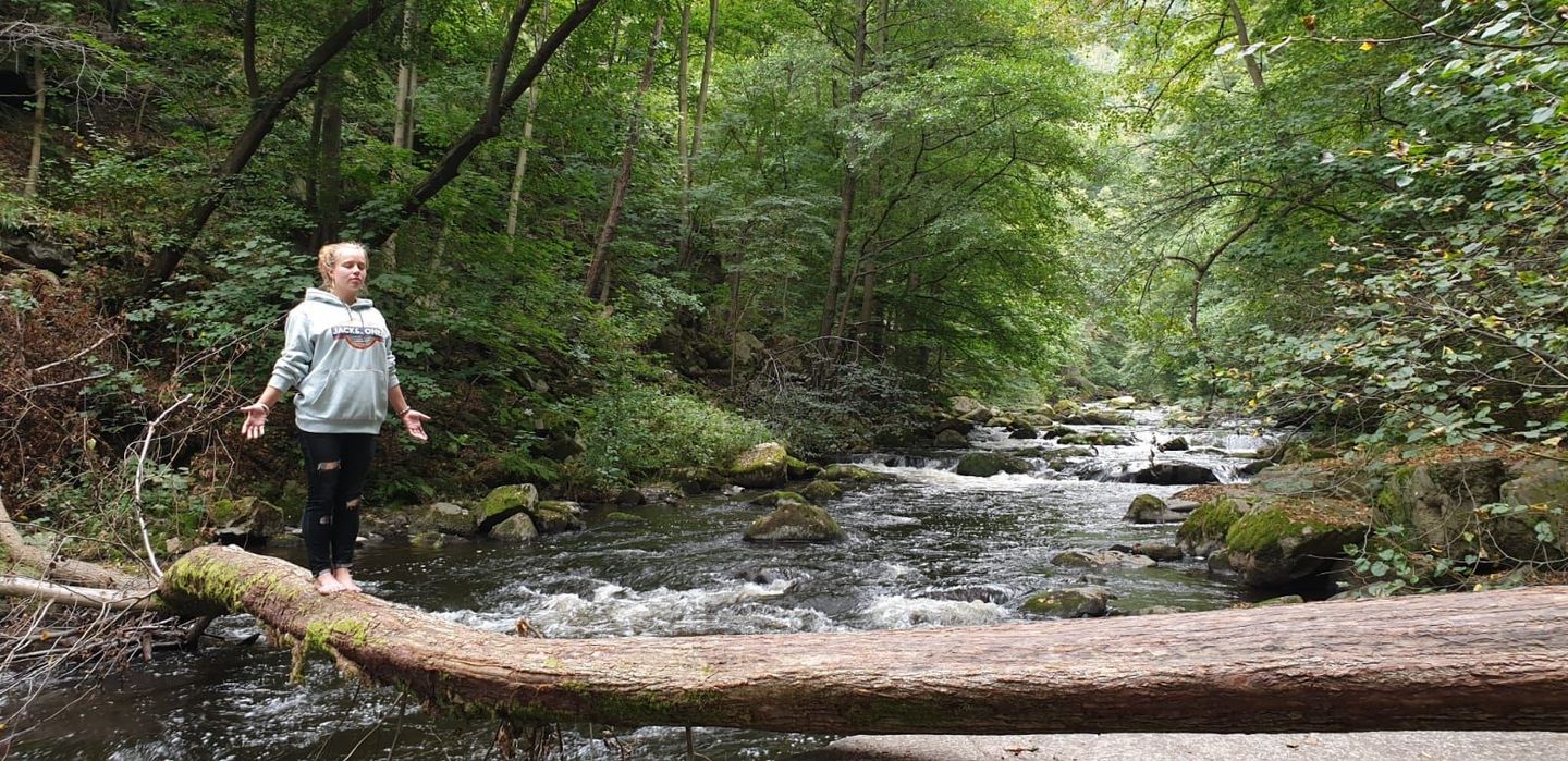 Alena Thielert Stehend auf einem Baumstamm in aufrechter, meditativer Yoga-Pose, Augen geschlossen, umgeben von Bäumen