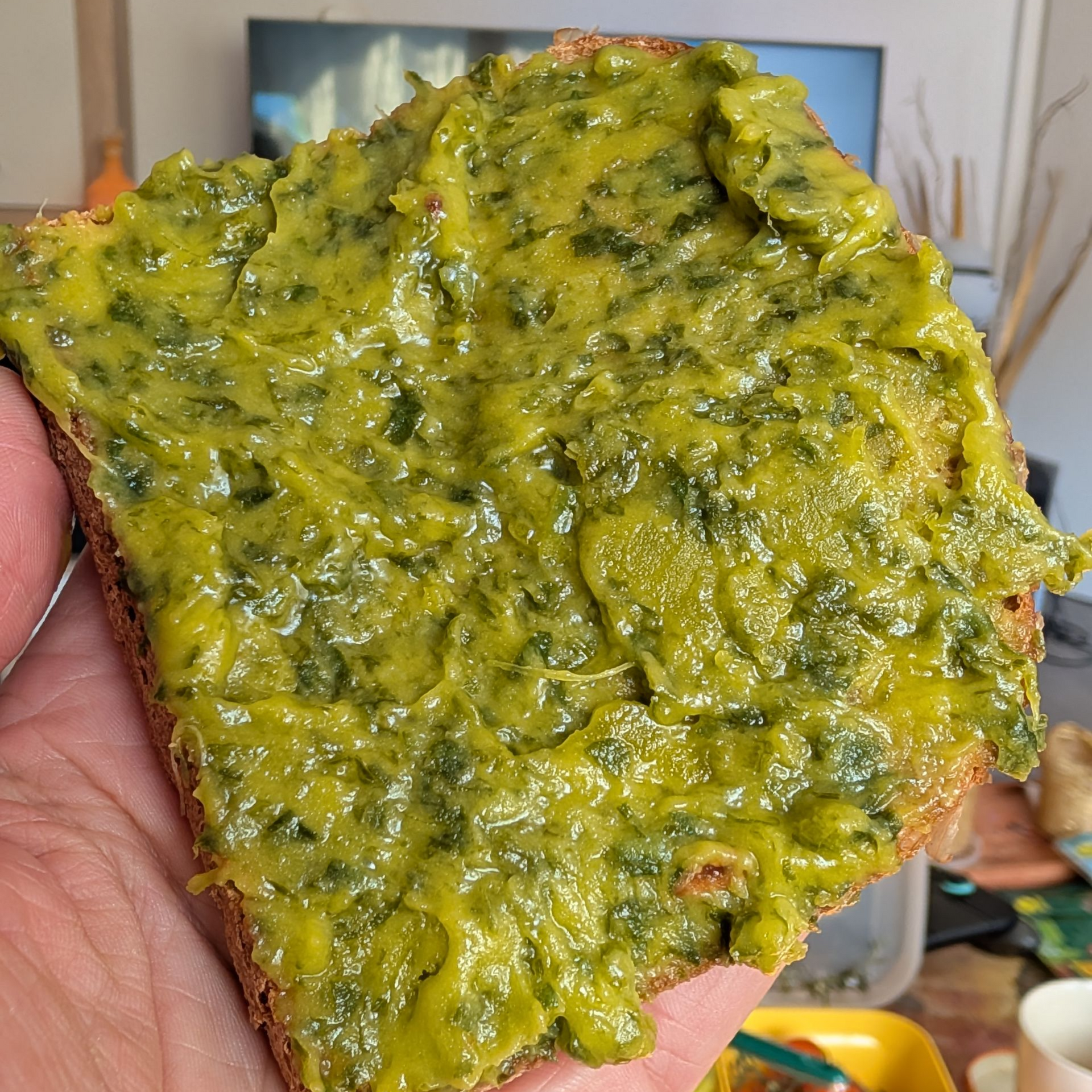 Jemand hält eine Scheibe Brot mit einer grünen Kräuterbutter
