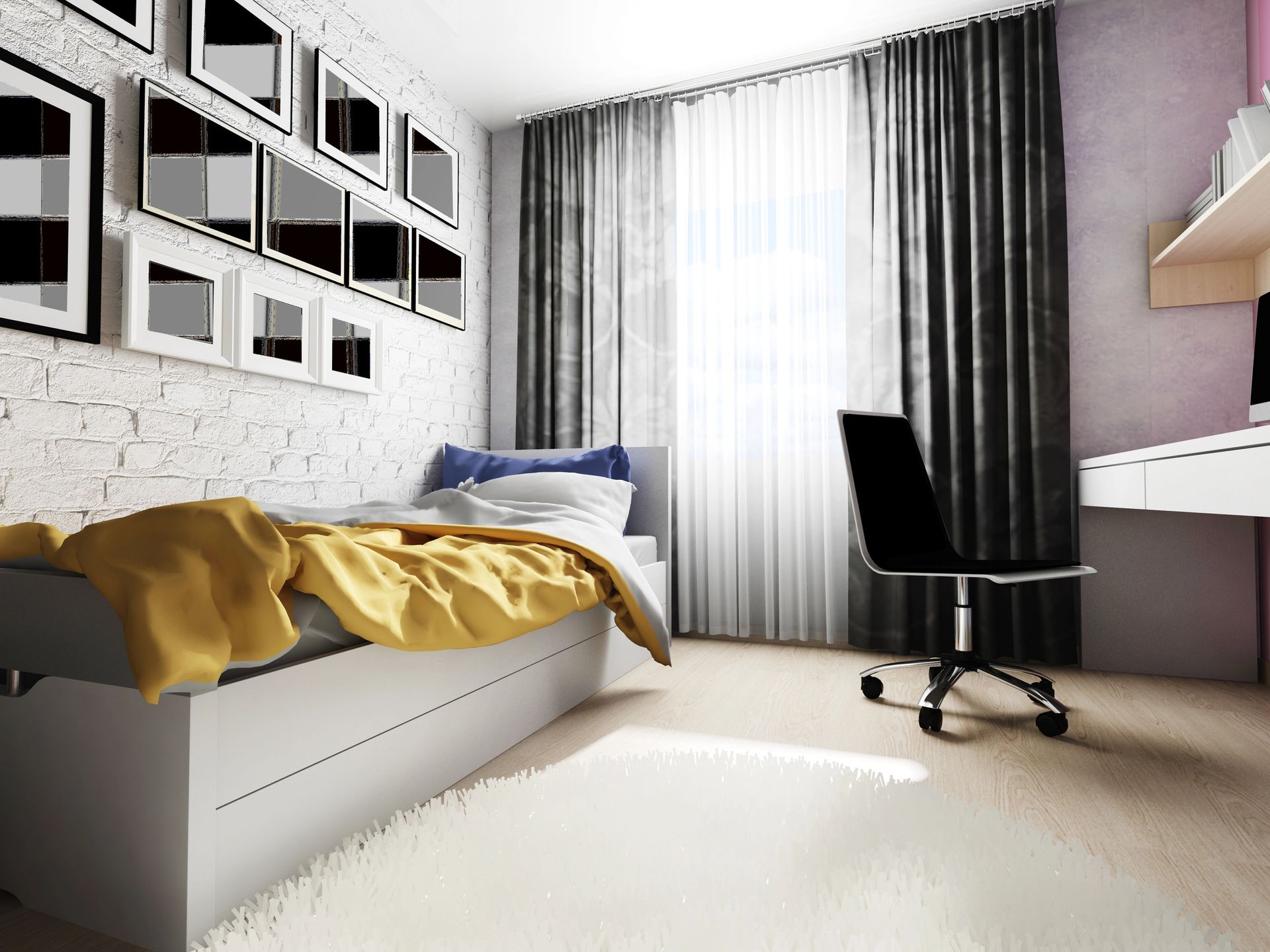Camera da letto minimalista con letto, coperta gialla, quadri alle pareti, scrivania, sedia e grande finestra con tenda.