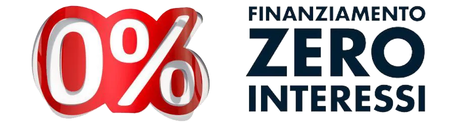 0% in rosso con “finanziamento zero interessi” in nero, a promuovere il finanziamento a tasso zero.