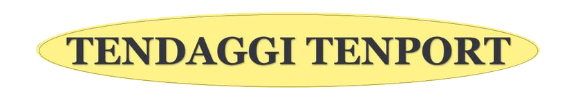 TENDAGGI TENPORT-LOGO Logo ovale giallo con la scritta “TENDAGGI TENPORT” in nero.