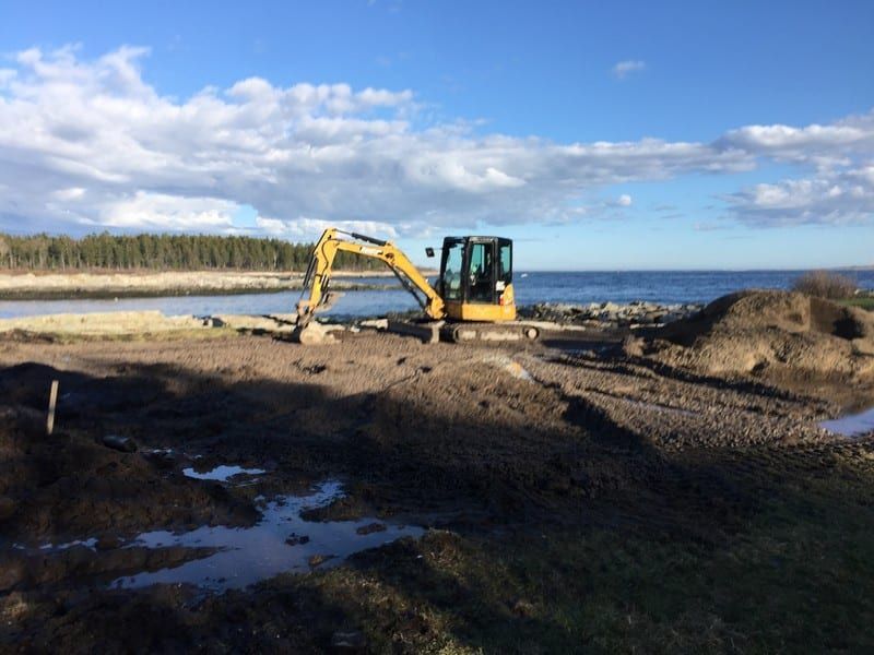 A yellow excavator is working on a beach near the ocean.