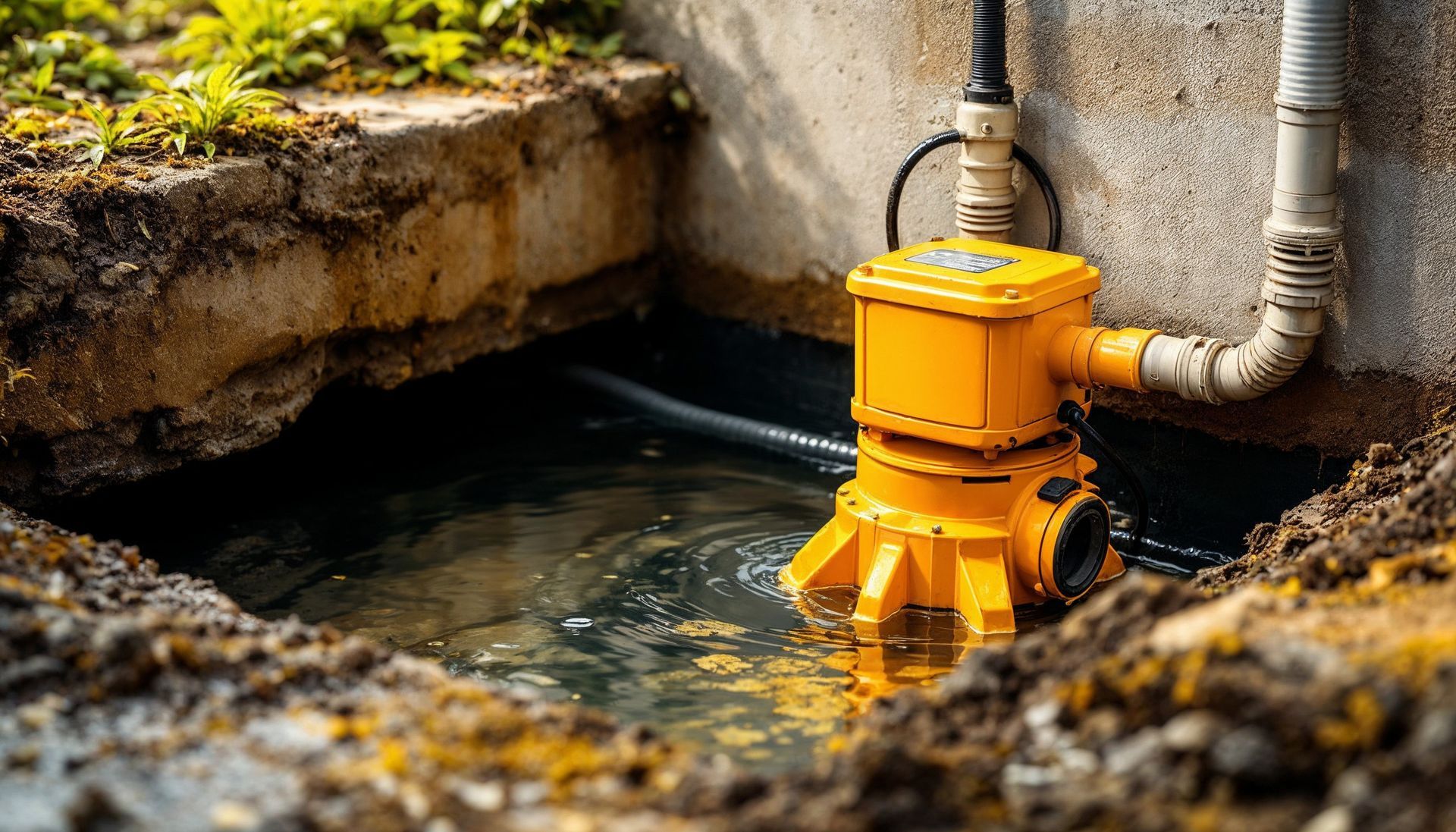 Pompe submersible jaune dans un puits en béton, en train de pomper de l'eau.