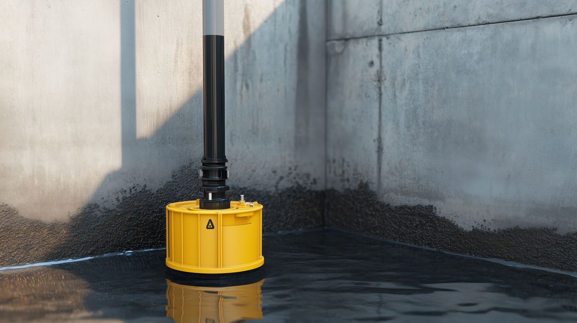 Pompe jaune immergée dans un bassin en béton. Tuyau noir s'étendant vers le haut.
