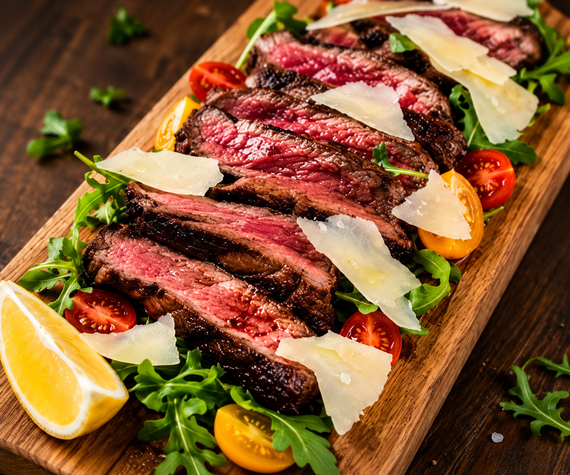 Bistecca alla griglia a fette su un tagliere di legno con rucola, pomodorini, scaglie di formaggio e uno spicchio di limone