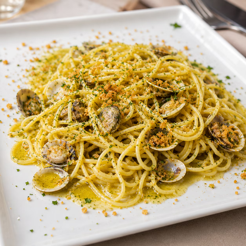 Spaghetti alle vongole su un piatto quadrato bianco, guarniti con erbe aromatiche e pangrattato
