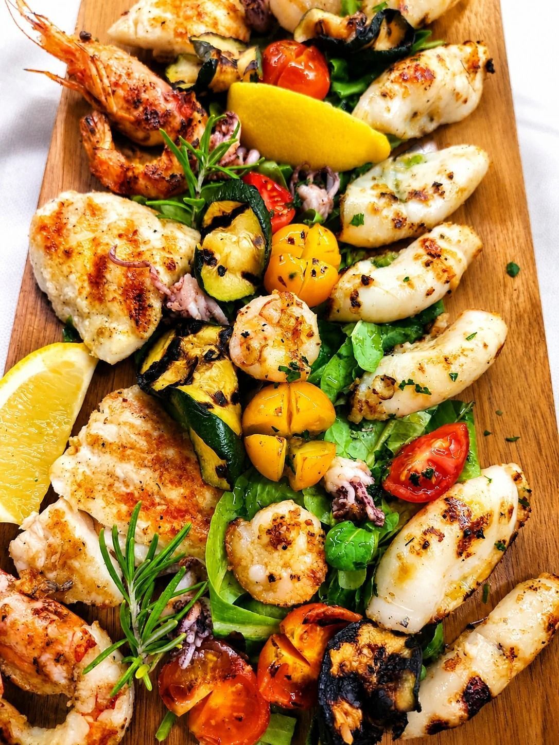 Spiedini di pesce alla griglia con spicchi di limone, erbe aromatiche e verdure grigliate su un tagliere di legno