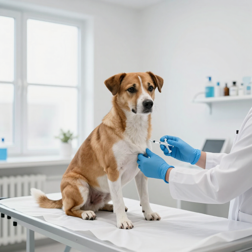 Veterinario examinando a un perro marrón y blanco en una mesa de la clínica mientras usa guantes azules.