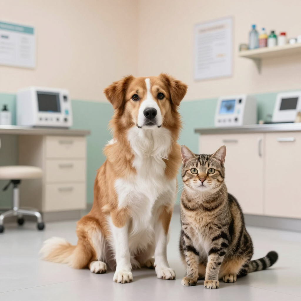 Un perro y un gato atigrado sentados juntos en una luminosa sala de una clínica veterinaria.