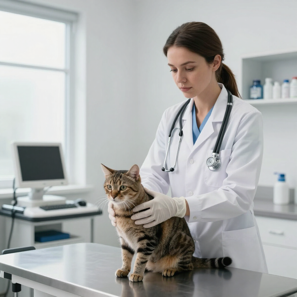 Veterinario examinando a un gato atigrado en una luminosa sala de consulta.