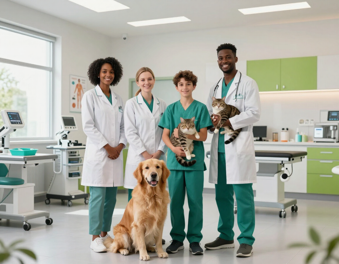 Personal de la clínica veterinaria con perros en una sala de exploración luminosa.