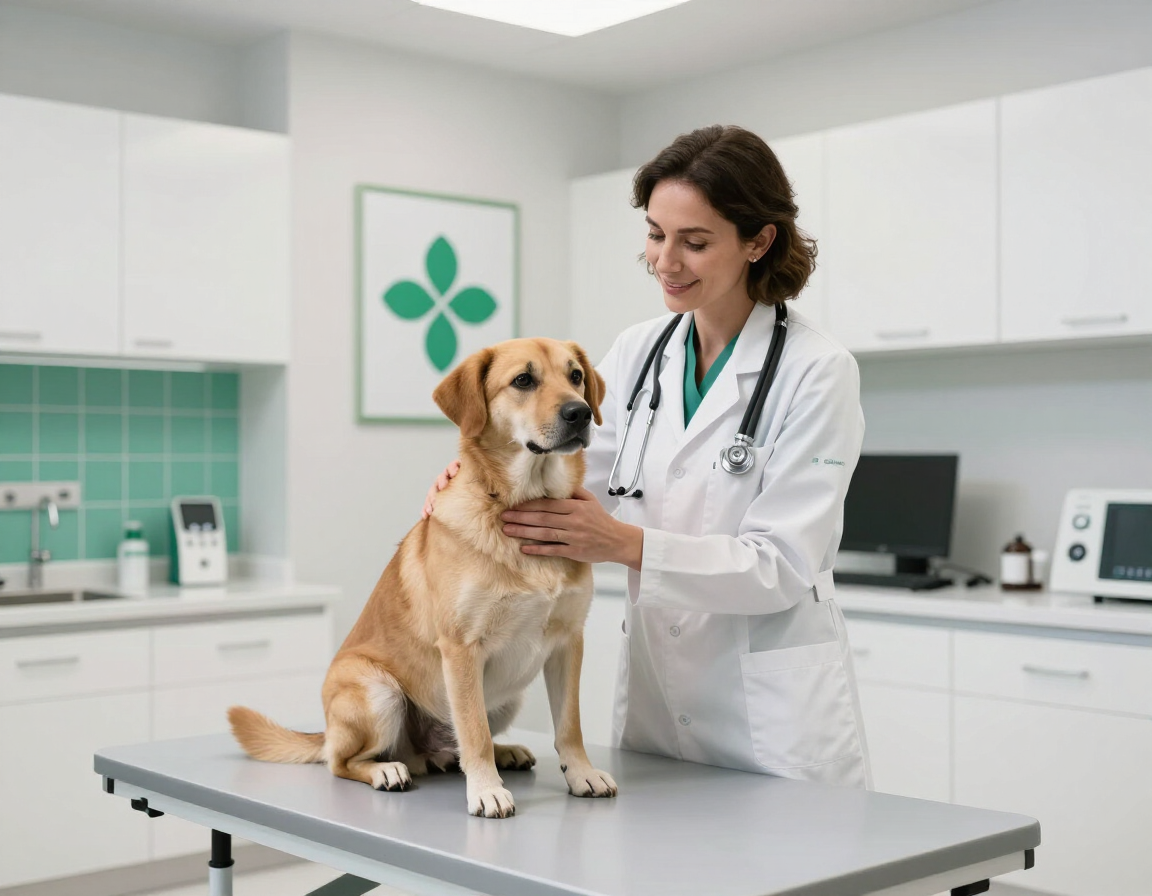 Veterinario examinando a un perro dorado en una mesa de exploración clínica en una sala de exploración