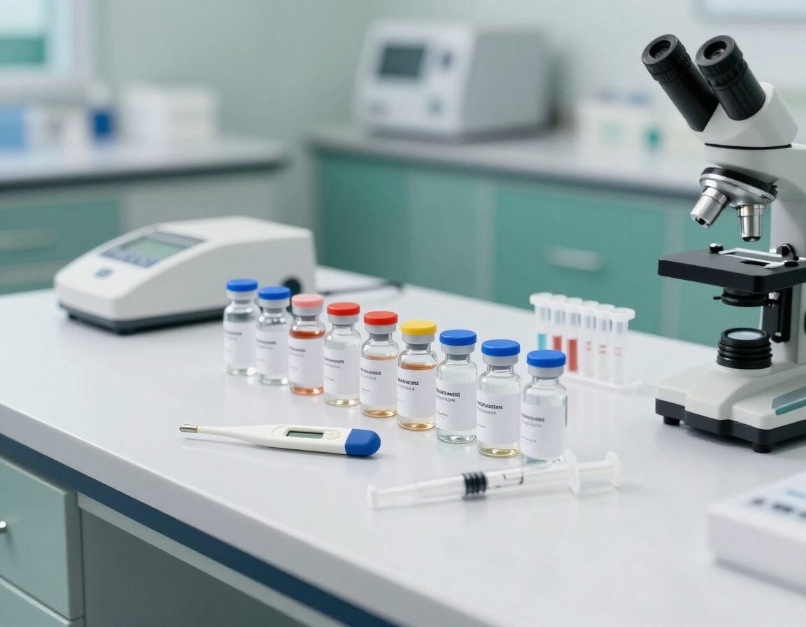 Mesa de laboratorio con microscopio, viales de ensayo y pipetas en un entorno de investigación clínica.