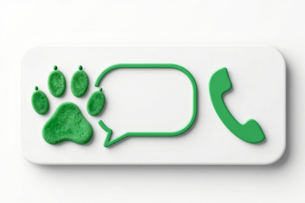 Huella de pata verde, burbuja de chat e iconos de teléfono sobre un rectángulo blanco redondeado.