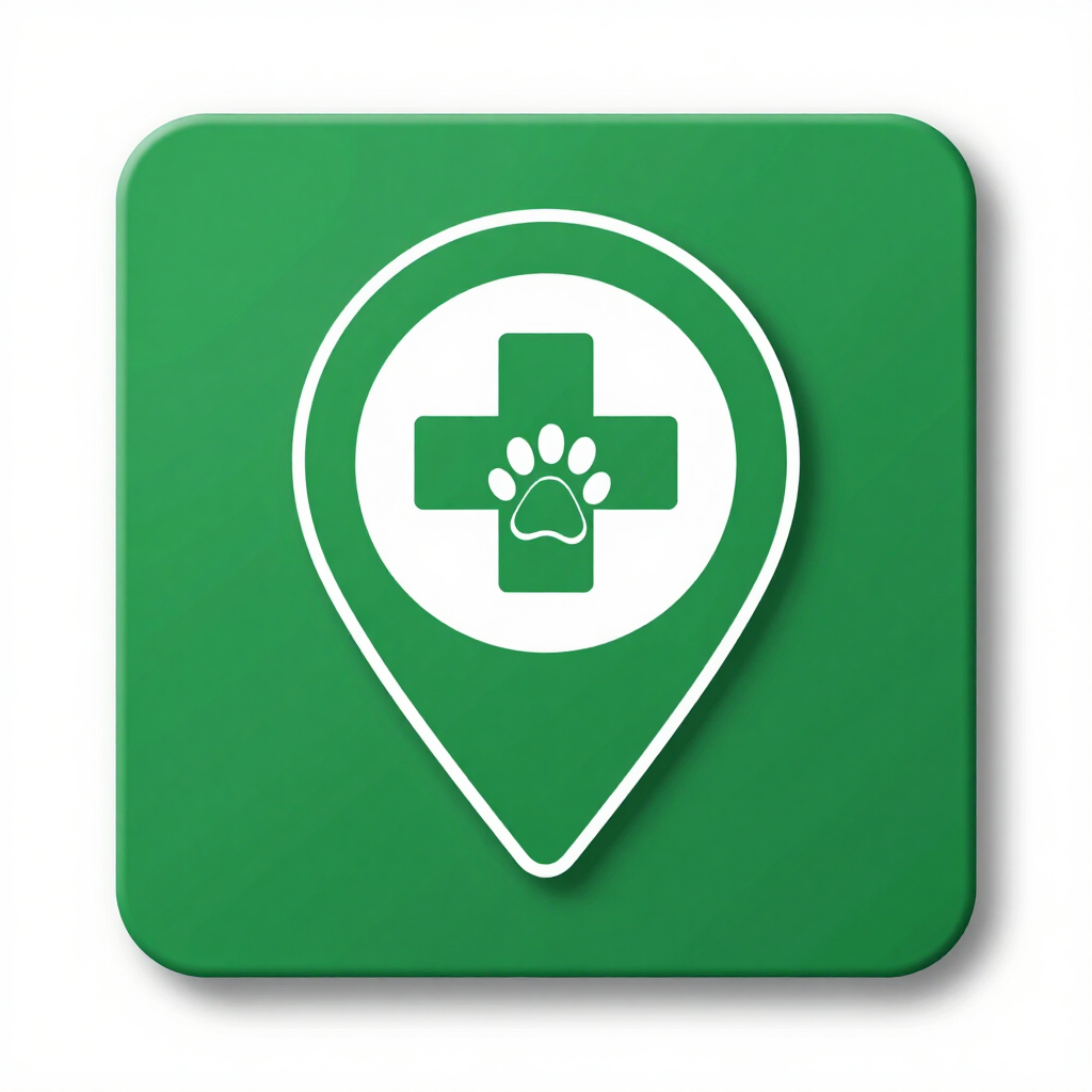 Marcador de mapa verde con una cruz médica blanca y un icono de huella de pata de mascota.