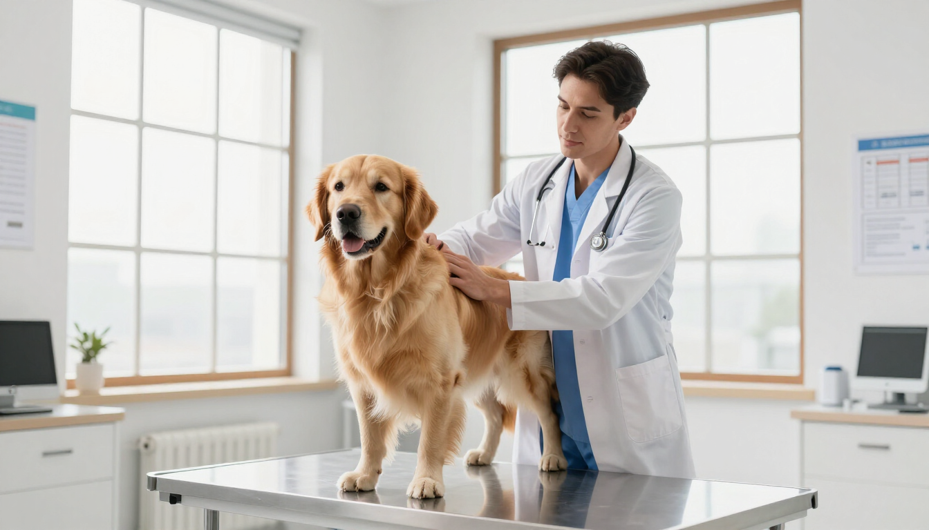 Veterinario examinando a un golden retriever en una mesa de consulta en una sala de examen luminosa.