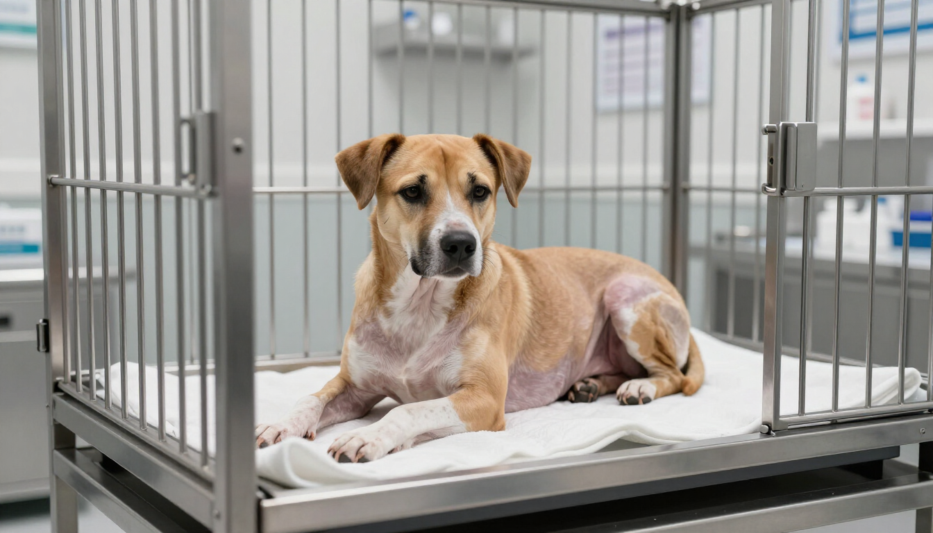 Perro marrón y blanco descansando sobre una manta dentro de una jaula veterinaria de metal.