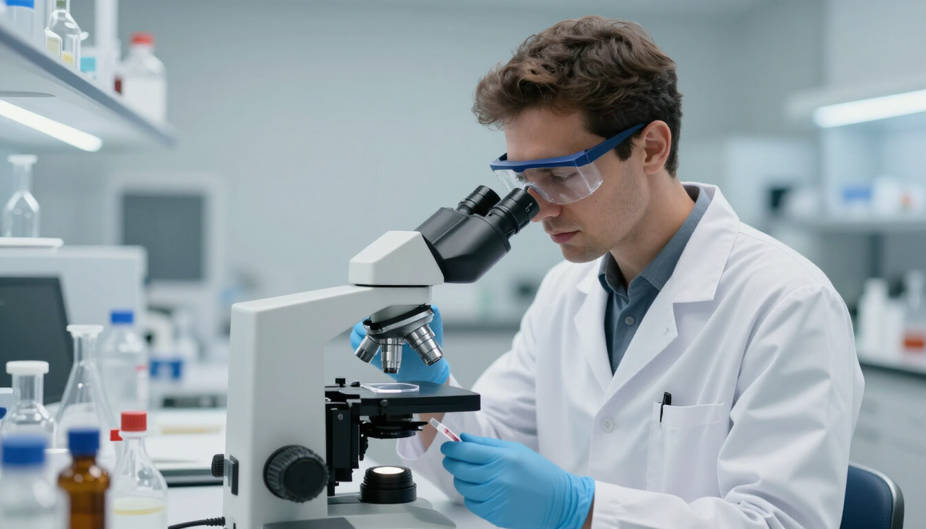 Científico con bata blanca de laboratorio usando un microscopio en un laboratorio bien iluminado.