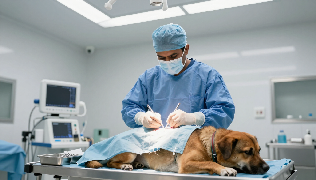 Un veterinario con bata azul realiza una cirugía a un perro en una sala de exploración luminosa.