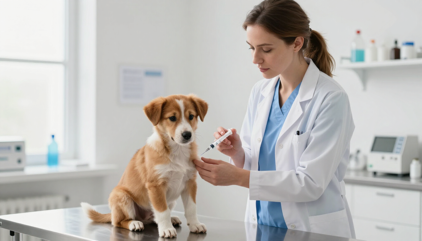 Veterinario administrando una inyección a un cachorro en una luminosa sala de exploración de la clínica.
