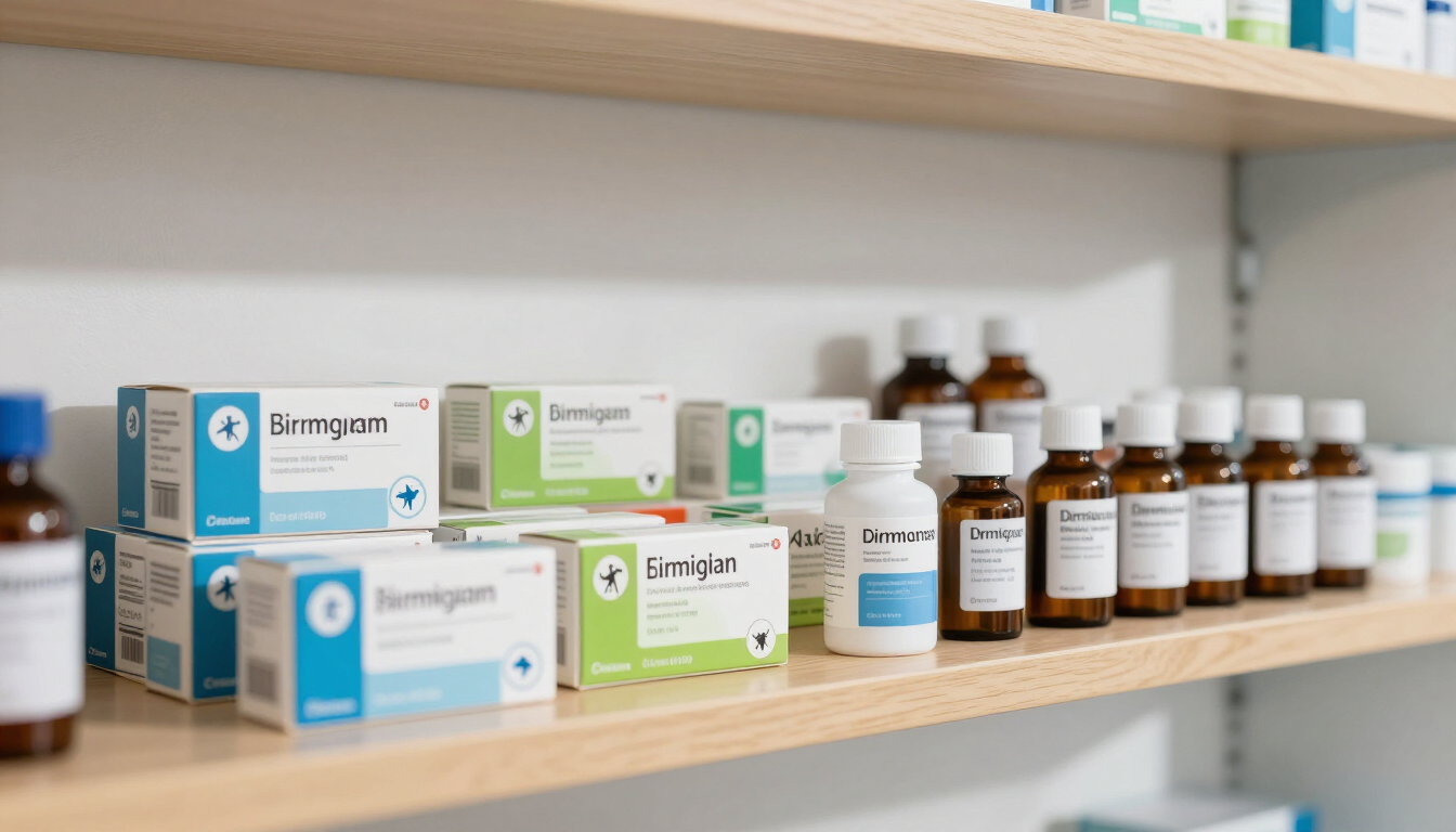 Estantes repletos de medicamentos en cajas y frascos en un expositor de farmacia.