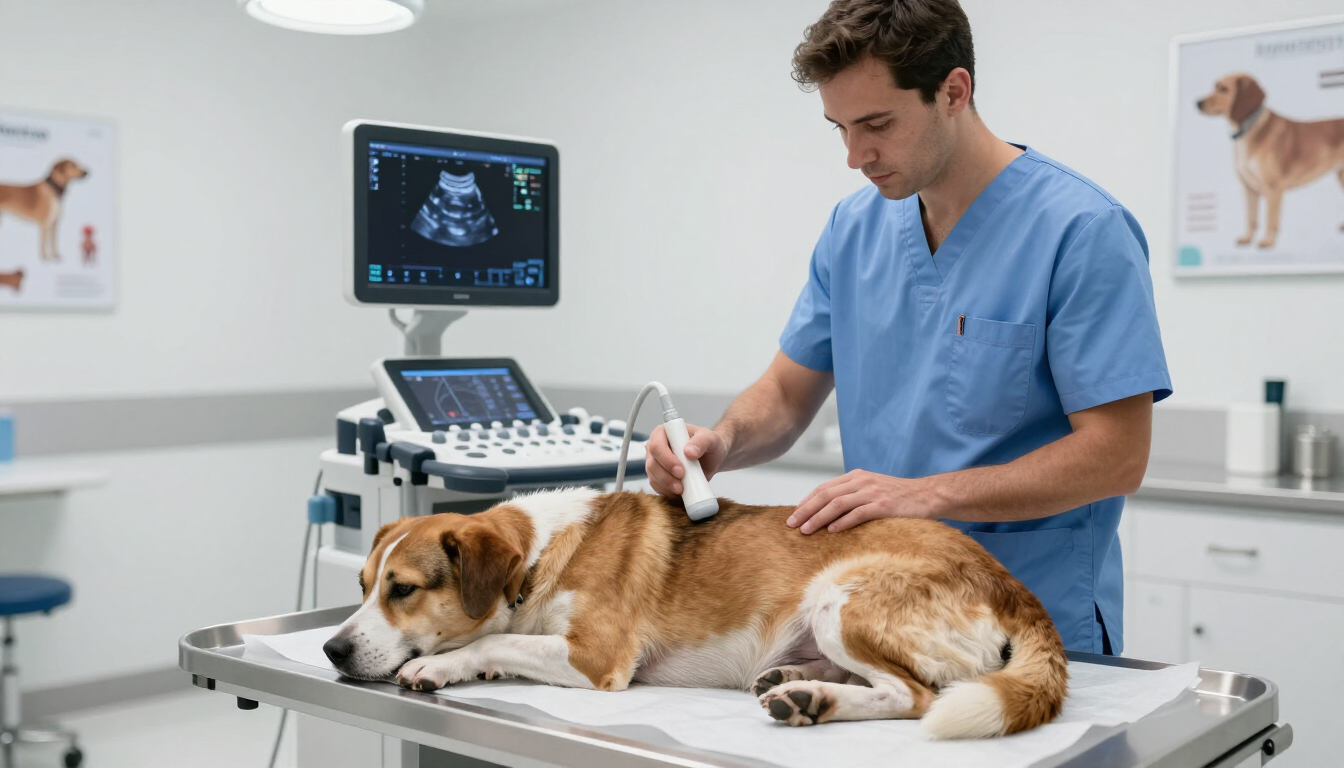 Veterinario con bata azul examinando a un perro