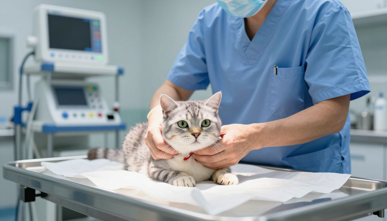 Un gato sobre una mesa de examen veterinario mientras un veterinario con bata azul lo examina con delicadeza.