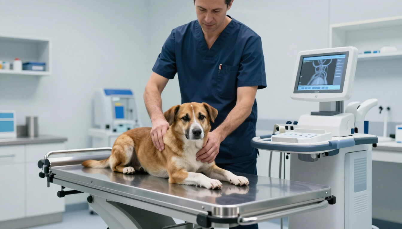 Un veterinario examina a un perro en una mesa de exploración