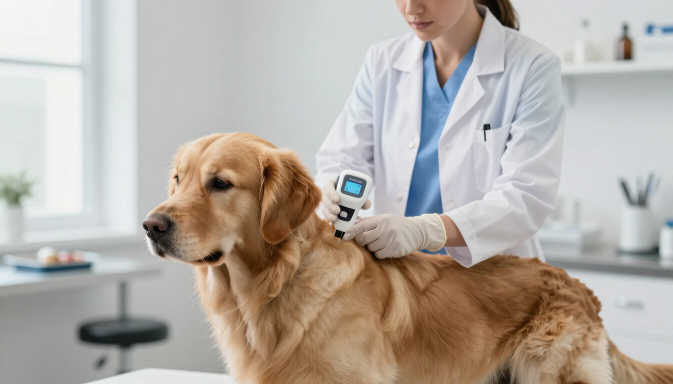 Veterinario utilizando un dispositivo portátil para examinar a un golden retriever en una mesa de la clínica.