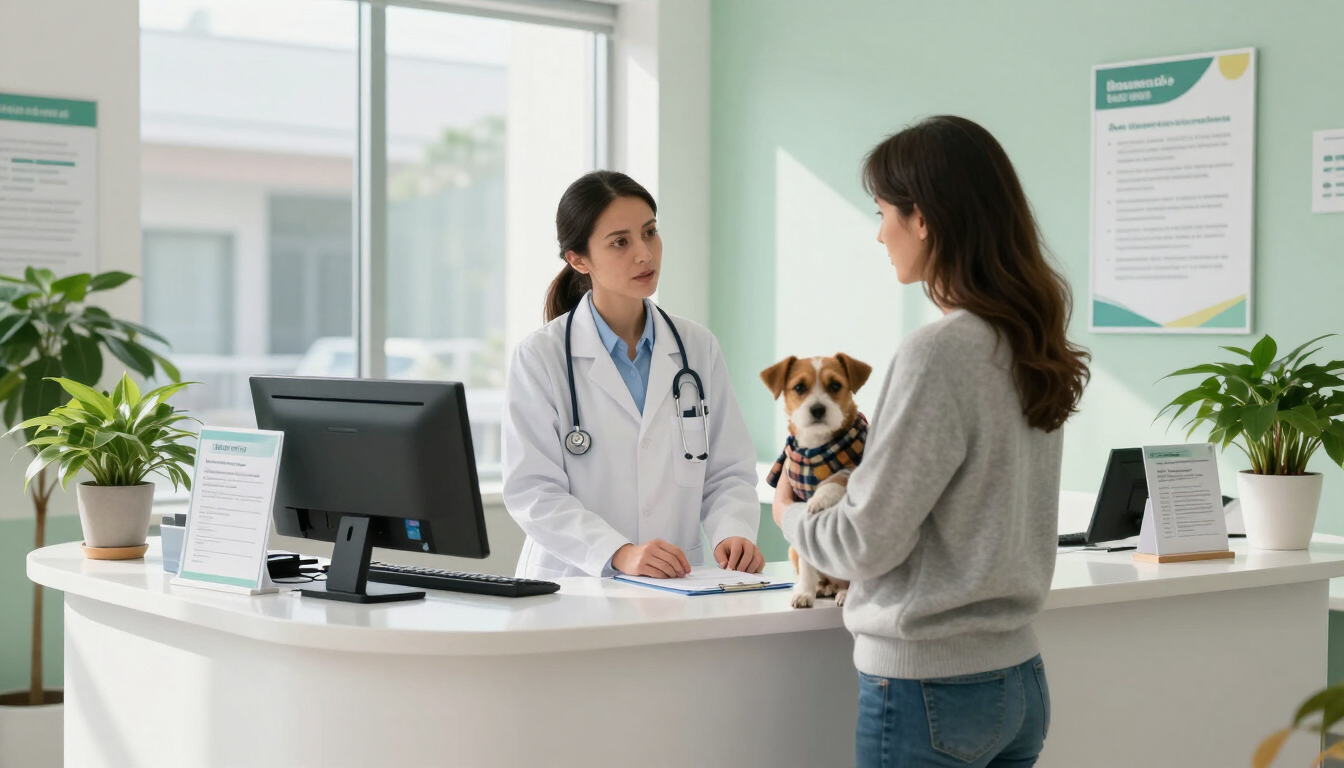 Un veterinario conversa con el dueño de una mascota en la recepción de una clínica; el perro está sobre el mostrador.