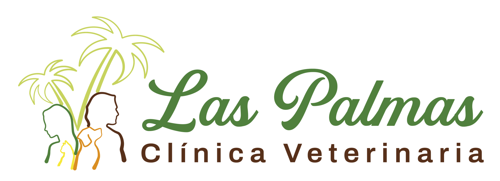 Logotipo de Las Palmas Clínica Veterinaria con palmeras verdes y silueta de mascota sobre fondo blanco.