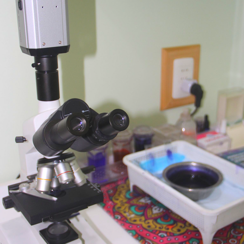 Microscopio sobre una mesa de laboratorio