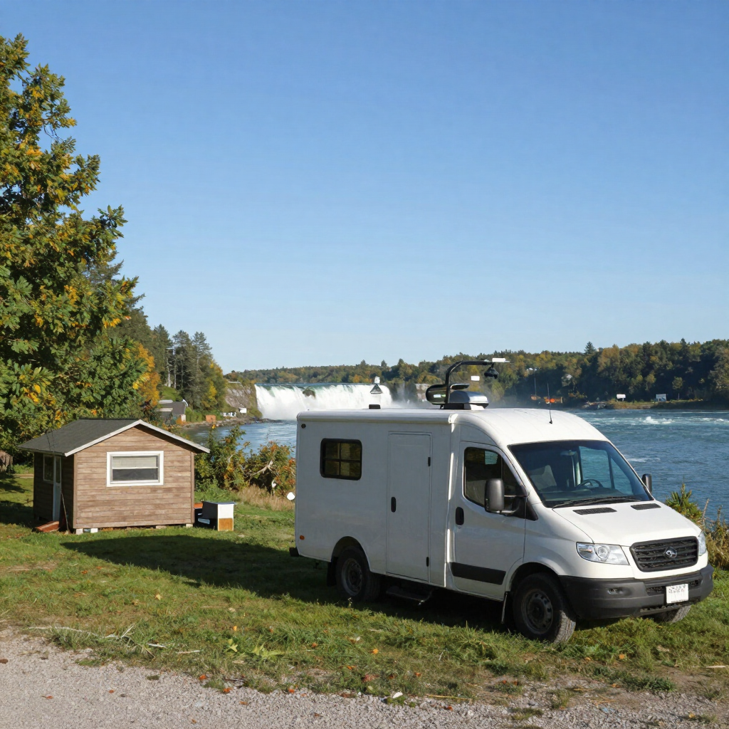 White camper van parked by a small cabin near a river and waterfall on a sunny day
