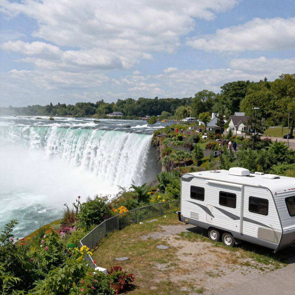 RV parked beside Niagara Falls with mist rising over the white waterfall and green shoreline