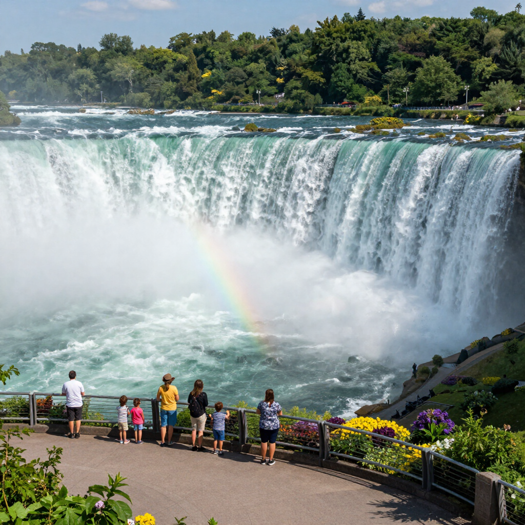Visitors watch a wide waterfall with mist and a rainbow from a viewing path.