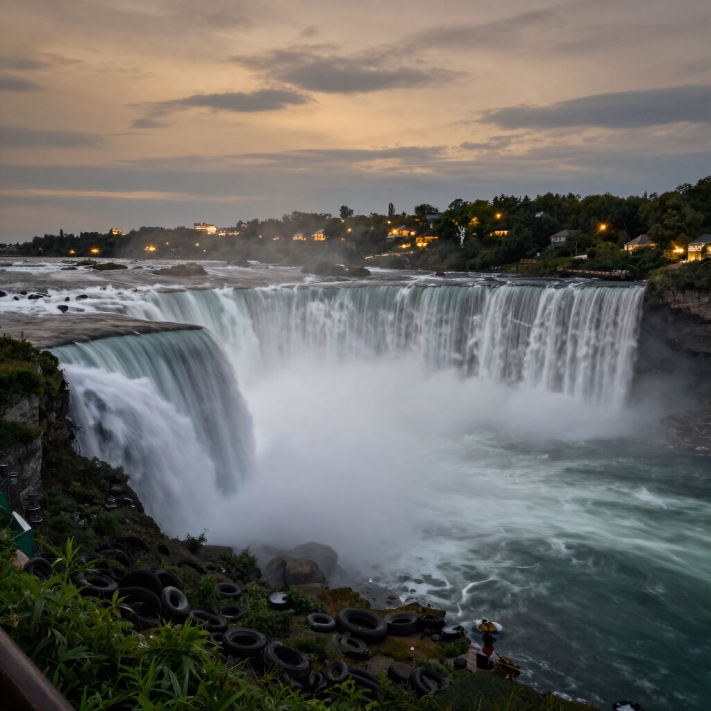 Wide waterfall at dusk, mist rising over a rocky cliff with city lights in the distance.