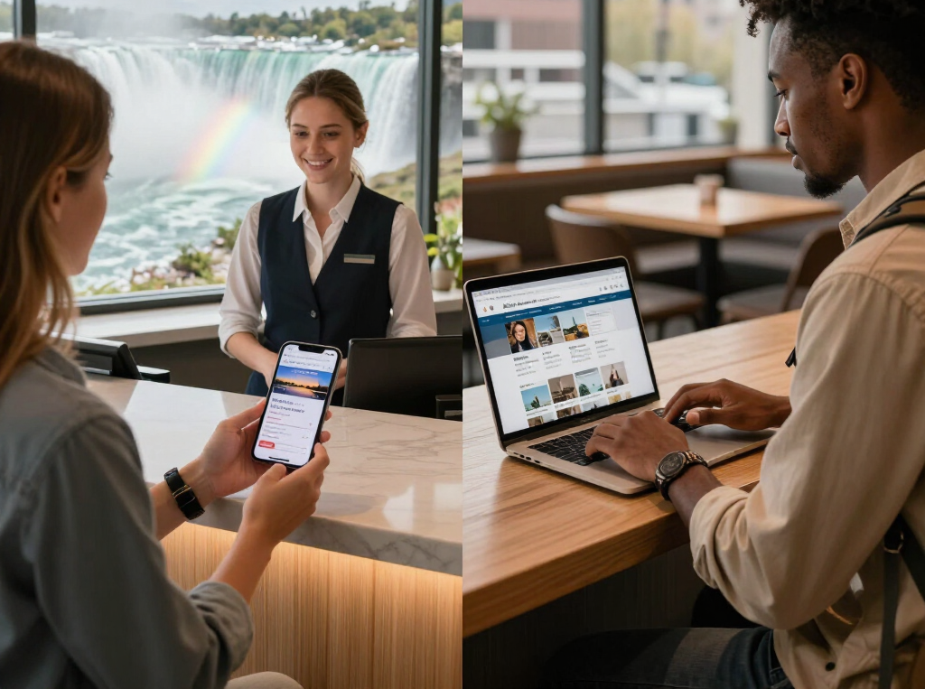 Hotel staff assisting guests at a reception desk with a laptop and smartphone, waterfall view in the background
