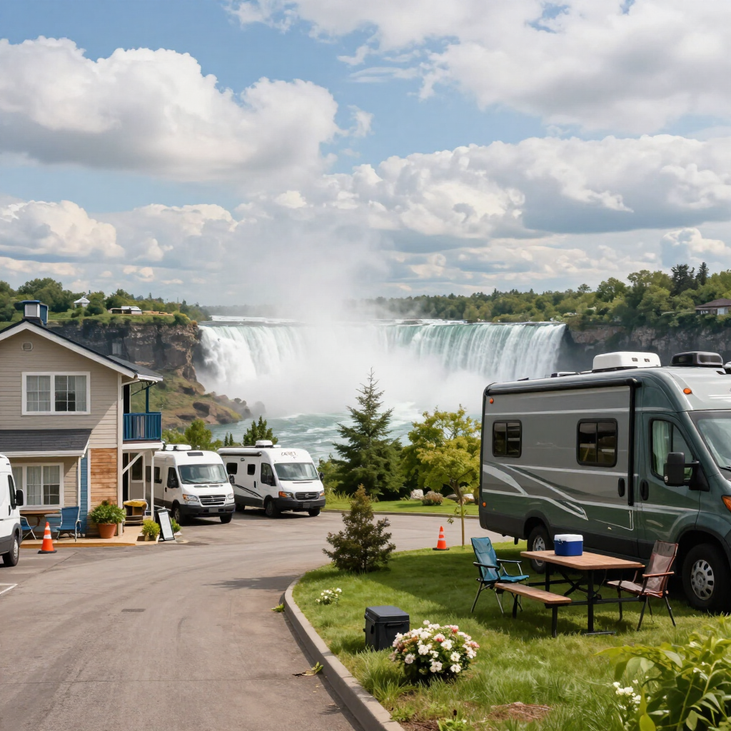 RVs and cottages near a misty waterfall under a cloudy sky