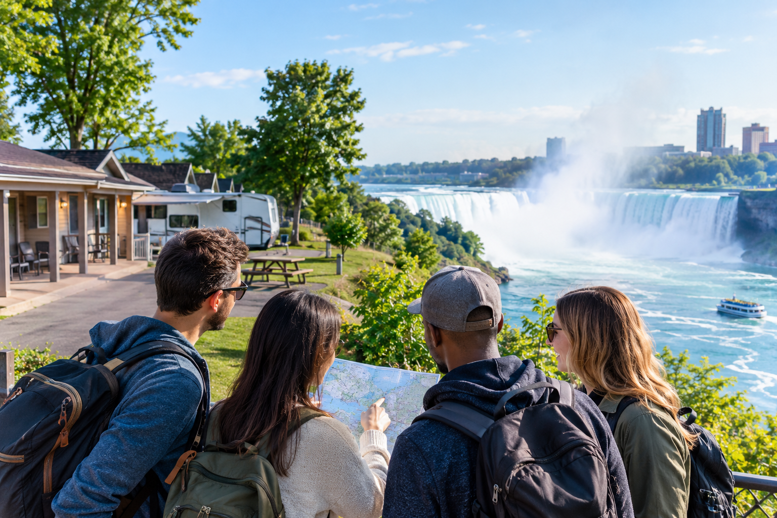 Four hikers overlook Niagara Falls from a scenic viewpoint on a sunny day.